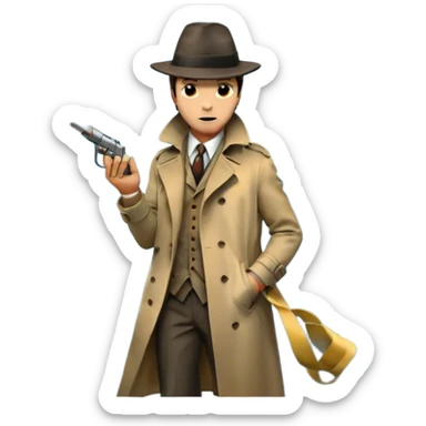 Vintage detective movie poster-style emoji. A classic noir scene with a detective in a trench coat and fedora,crime scene tape, and a smoking gun. A shadowy cityscape in the background with dim streetlights and fog. Dramatic lighting and a retro cinematic feel. Transparent background. sticker