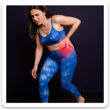 A slender woman in 4K, walking with a limp, hand supporting the left hip, acute pain expression, hip and lower back with reddened areas, inspired by the reference photo. sticker