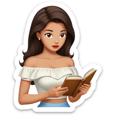 Beautiful woman in 1950’s woman fashion look, off-shoulder white shirts crop top, long dark brown hair, reading sticker