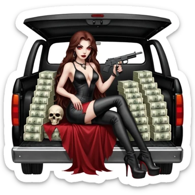 Lilith red eye seductress evil long brown haired sexy succubus woman with leather long dress with slit on, sitting in Big Large F350 pickup truck. Wearing super tall black platform high heels, Back seat full of stacks of cash, she is  Holding a human skull of her enemies and a gun in other hand sticker
