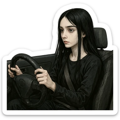 pale girl with long black hair in a car, driving, detailed character portrait sticker