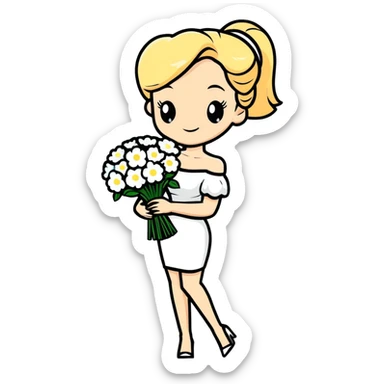 blonde woman in a white off-shoulder dress with a bouquet of white flowers in a white bag in her right hand sticker