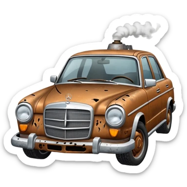 a broken mercedes with steam coming from below the bonnet sticker