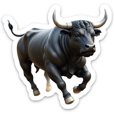 ​Cinematic Realistic Black Charging Bull, depicted in mid-charge with a powerful, muscular form and glossy black hide glistening under dynamic dramatic lighting, dust and motion captured mid-air to exude raw strength and unbridled energy on an expansive arena, sticker