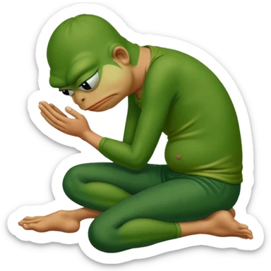 Pepe the frog kneeling and praying in front of man’s feet sticker