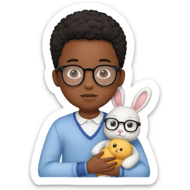 black boy kid with glasses → holding a toy rabbit sticker