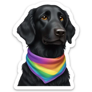 Black Flat coated retriever with small ears wearing rainbow bandana sticker