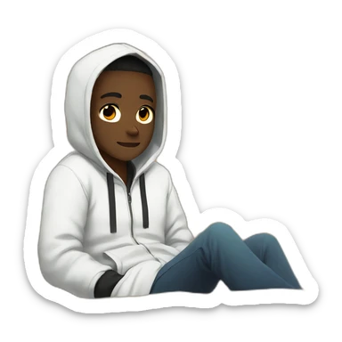 A black man without a face in a white jacket with a hood on lies on boxes in anime style sticker