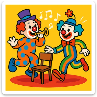 two clowns playing musical chairs, playful and colorful vibrant toon style sticker