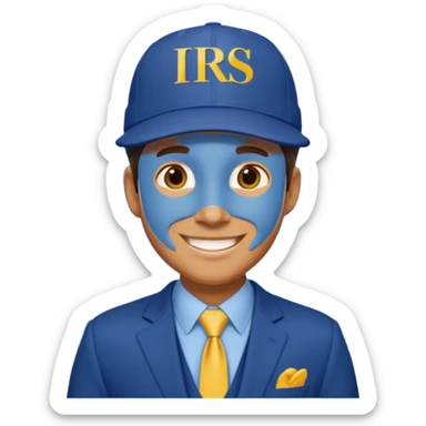 a man smiling dressed in a blue suit with a cap on that says IRS in yellow letters sticker