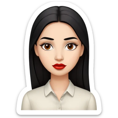 Young woman with oval face, high cheekbones, dark brown eyes, thick eyebrows, red lipstick, light brown skin, long straight black hair, wearing a white blouse sticker