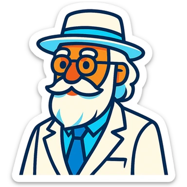 old man with a white hat, long white beard, white moustache, round glasses, white suit, white longish hair, vibrant toon style sticker