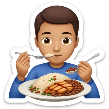 Create a person having lunch. Not a sandwich. Rice, beans and chicken. sticker