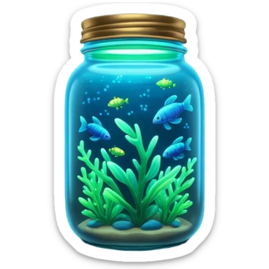 3D render of Firefly Jar, bioluminescent deep sea style, glowing neon blue and green lights, dark background to contrast the glow, translucent organic textures. sticker