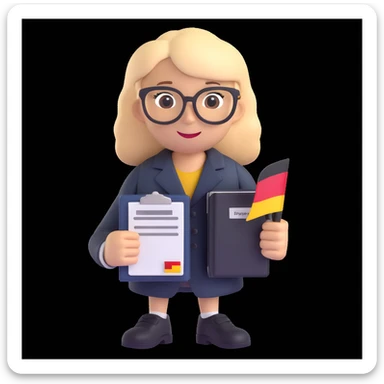 Add a background with the German flag. The universal character holds a passport or permanent residence document in hands. Maintain the 3D style. The character is neutral, friendly, and official. sticker