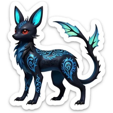 Shiny Fiery Dark Ugly Evil Realistic Glowing Eldritch Horror Cool Edgy Badass Emo Glorious Demonic Batty Dusky Ethereal Sparkly Shimmering Magical Punky Aural Iridescent Fluorescent Bioluminescent Umbreon-Amaura-Salandit-Noibat-Flareon-Fakémon-fusion (full body) with intricate pattern markings sticker