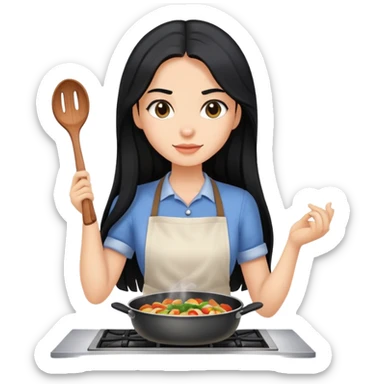 Long black hair girl with caucasian skin is cooking sticker