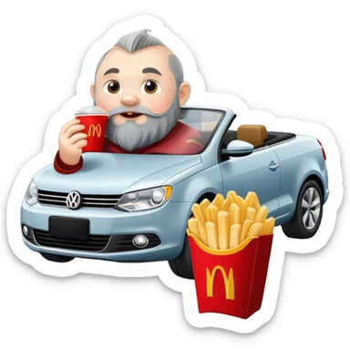A dwarf eating McDonald's in front of a Volkswagen Eos. sticker