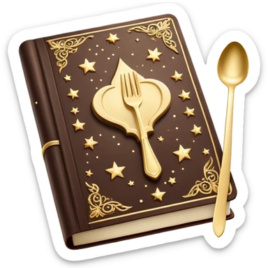 Magical glowing cookbook with a sparkling fork and spoon symbol on the cover, surrounded by tiny stars and magical sparkles sticker