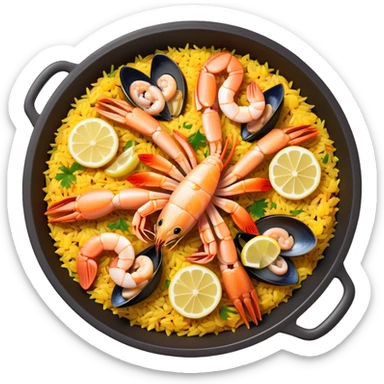 cinematic-realistic-paella-dish-emoji,-depicted-as-a-vibrant,-aromatic-rice-dish-loaded-with-seafood,-chicken,-and-saffron-rendered-with-rich-textures-and-dynamic,-warm-lighting with a lemon slice in the middle sticker