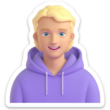 smiling blonde man with blue eyes in a lilac hoodie sticker