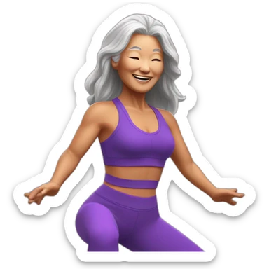 Long hair Asian senior woman in sexy purple yoga cloth dancing Zumba sticker