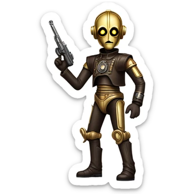 rough and tough c3Po wearing Satan’s leather biker outfit with guns hat. walking sticker
