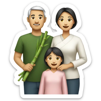 Asian mom,dad,and daughter holding bamboo sticker