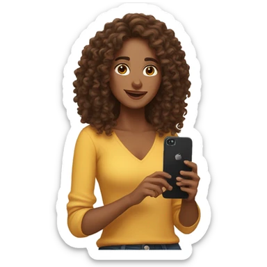 spain woman content creator with brown long curly hair with phone  sticker