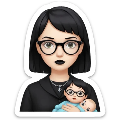 white woman with medium length black hair and baby bangs, glasses, with goth makeup and clothing  sticker