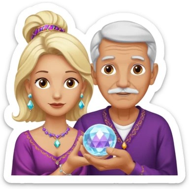 Elderly male cleanshaven gypsy with earrings and blonde female gypsy holding a crystal ball sticker