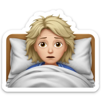 A 55-year-old woman lying in bed at night, unable to sleep. She looks exhausted and desperate, with visible dark circles under her eyes, tired facial expression, slightly messy hair. She is under the blankets, staring at the ceiling.  sticker