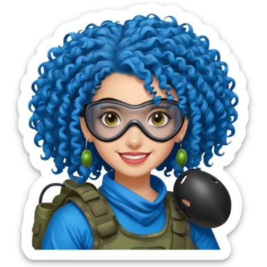 blue curly haired paintball player girl with huge earrings, wearing paintball mask sticker