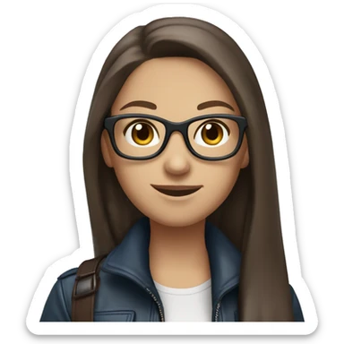 Slavic girl with long straight brown hair, fair skin, dark brown eyes, smile, black glasses, wearing a blue scarf around her neck and a leather jacket. sticker