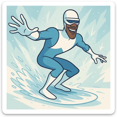 Frozone from The Incredibles, dynamic action, icy background, blue and white superhero suit, cartoon style sticker