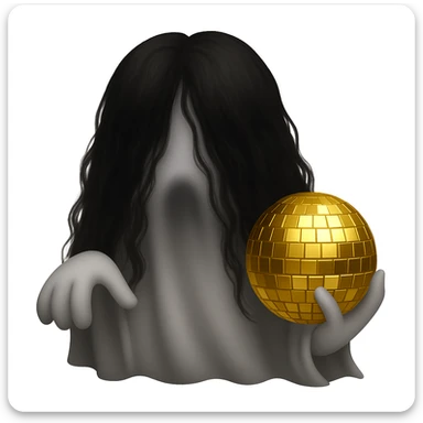 Turn the girl with gold disco ball into a ghost, using the reference photo for ghostly hair and pose, keep the disco ball gold, in the style of emoji style. sticker