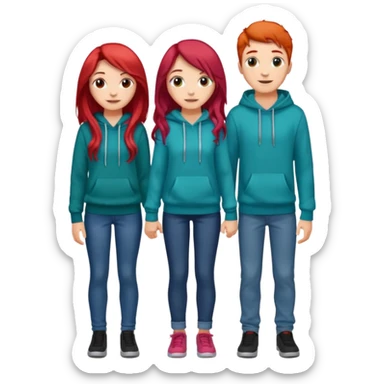 full-length happy couple, girl with long teal hair and brown eyes in colorful sweater, boy with red hair in jeans and hoodie sticker