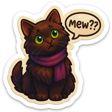 Fluffy cute curious confused dark-brown cat with green eyes and a purple scarf saying ‘mew??’ with a tilted head (With a speech bubble) sticker