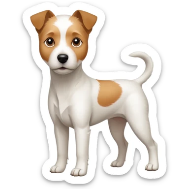 a full body white parson russell looking dog the size of a kelpie with light brown ears and a light brown patch on one eye and a large snout sticker