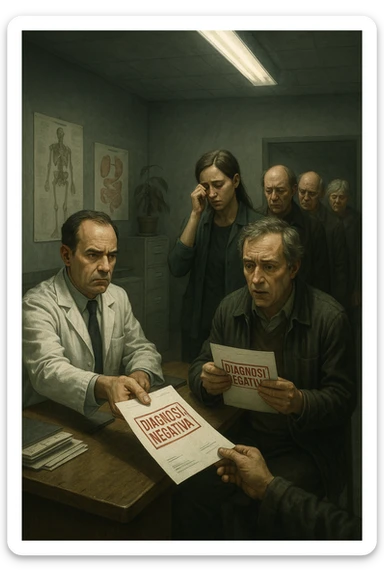 A realistic, cinematic illustration set in a dull, grey-toned medical office. A middle-aged male doctor in a white coat with a stern, cold expression is seated at his desk, handing out medical reports with large red ‘Negative Diagnosis’ stamps to each patient in line. The patients, of various ages and appearances, stand in a line, each looking increasingly sad, defeated, and demoralized as they receive their papers, with slumped shoulders and empty gazes. One young woman wipes away a tear, while a man stares at the paper in shock. The background shows medical posters, a faded plant, and harsh fluorescent lighting, emphasizing the cold, mechanical environment. The mood is heavy, illustrating how negative diagnoses delivered without empatia can deeply affect the mental health and morale of patients. The style is realistic, with subtle filmic grain, emphasizing emotional impact and the weight of medical words on people’s lives.in italiano sticker