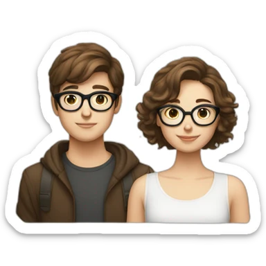 italian young cool couple brown hairs and white skin, boy with rounded glasses sticker