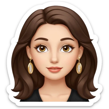 Luxury Milan girl Greta emoji: oval face, flawless skin, big light almond eyes with lashes/eyeliner, arched brows, flirty half-smile glossy lips, beauty mark, wavy warm brunette hair, gold hoop earrings, soft glow, champagne bg with sparkles, 3D sticker style, centered. sticker