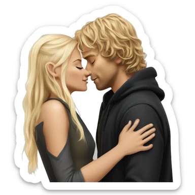 Pippin-hobbit wearing black hoodie kissing pretty straight hair blonde woman with attractive top sticker