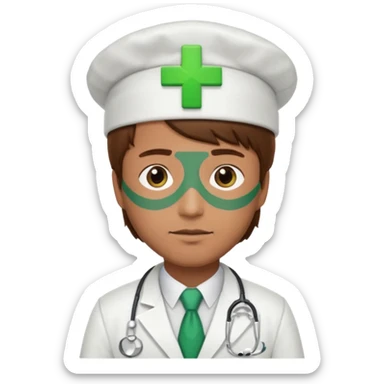 a doctor in white suit with a doctor hat with green cross brown hair man sticker