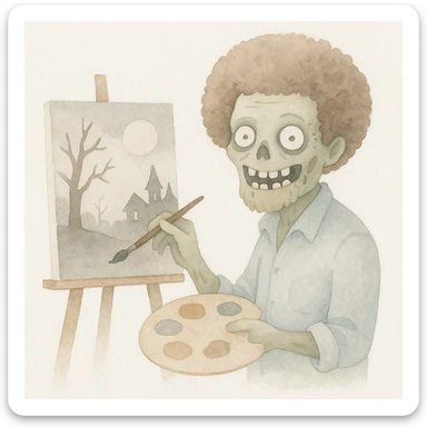 Zombie Bob Ross with a cheerful smile, painting a spooky landscape, watercolor art style sticker