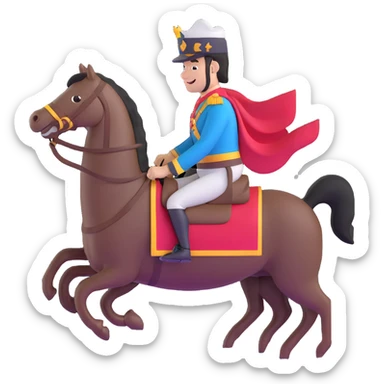 Polk riding a dark horse, smiling, campaign sash sticker