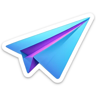 Telegram paper airplane logo in classic blue color, with neon glow lines, blue neon glow on top left, purple neon glow on bottom right sticker