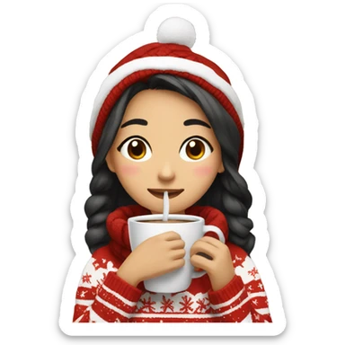 asian girl drinking coffee wearing Christmas sweater sticker