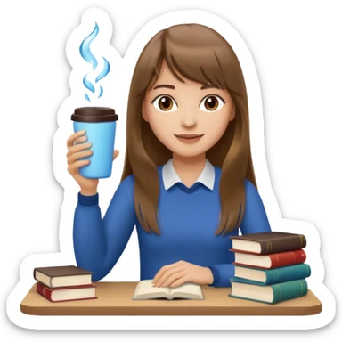 a designer with light skin long brown hair bangs waving, stack of books, coffee cup on top, water bottle  sticker