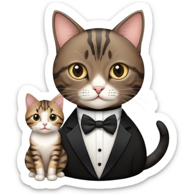 A short haired tabby cat with a black tuxedo cat sticker